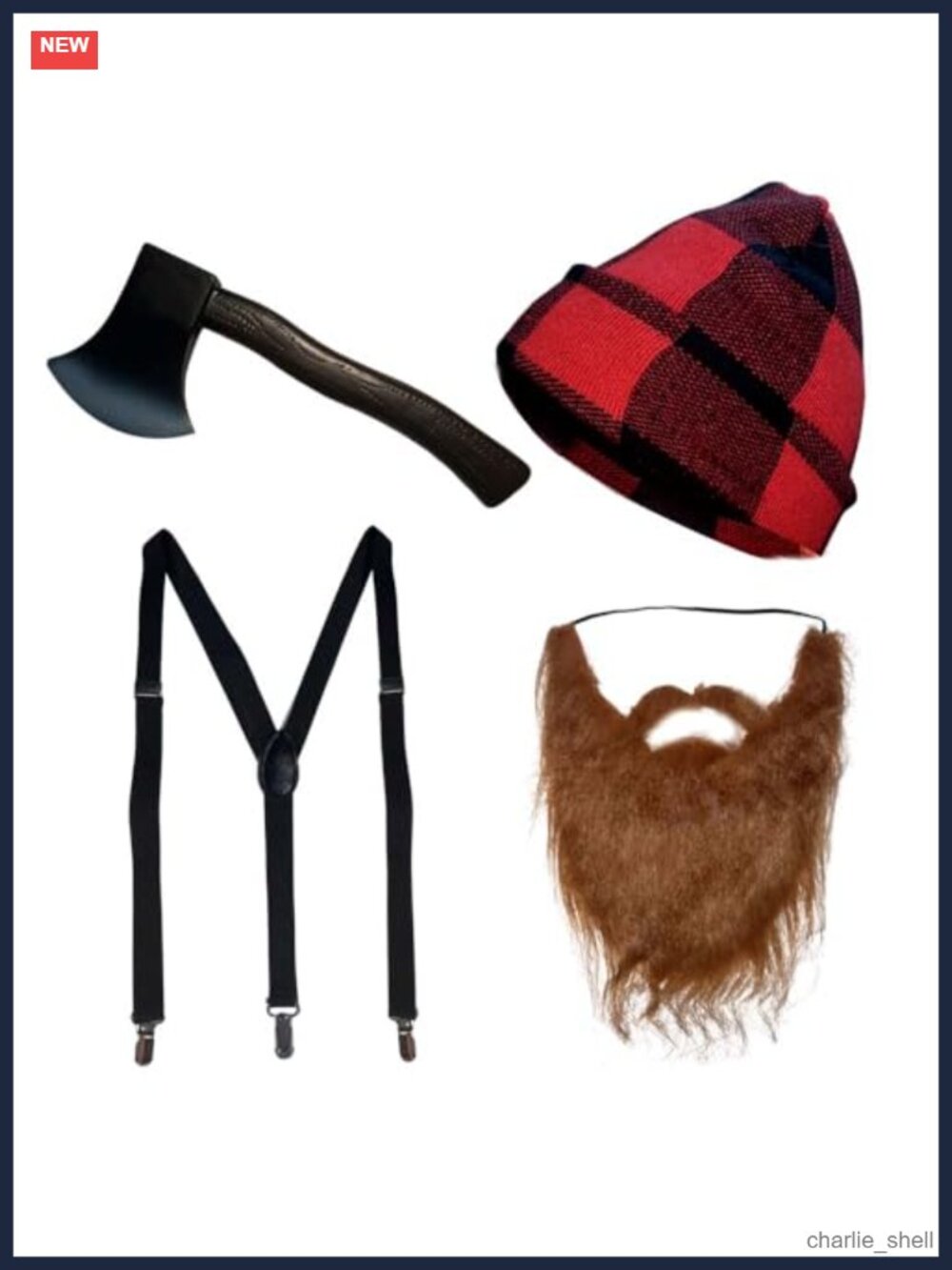 4pc Lumberjack Costume Set Hat Beard Suspenders Foam Axe Halloween Party